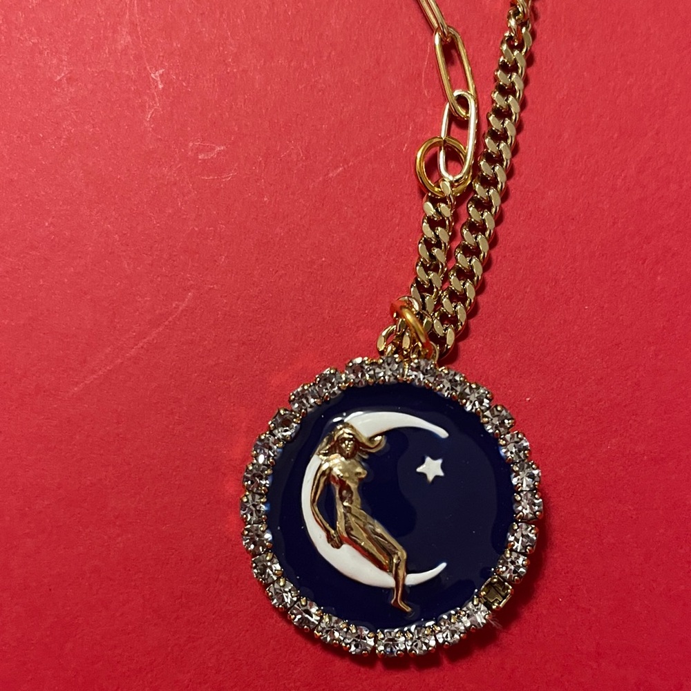 TOVA enamel Gold and Blue lady and theMoon Pendant Necklace